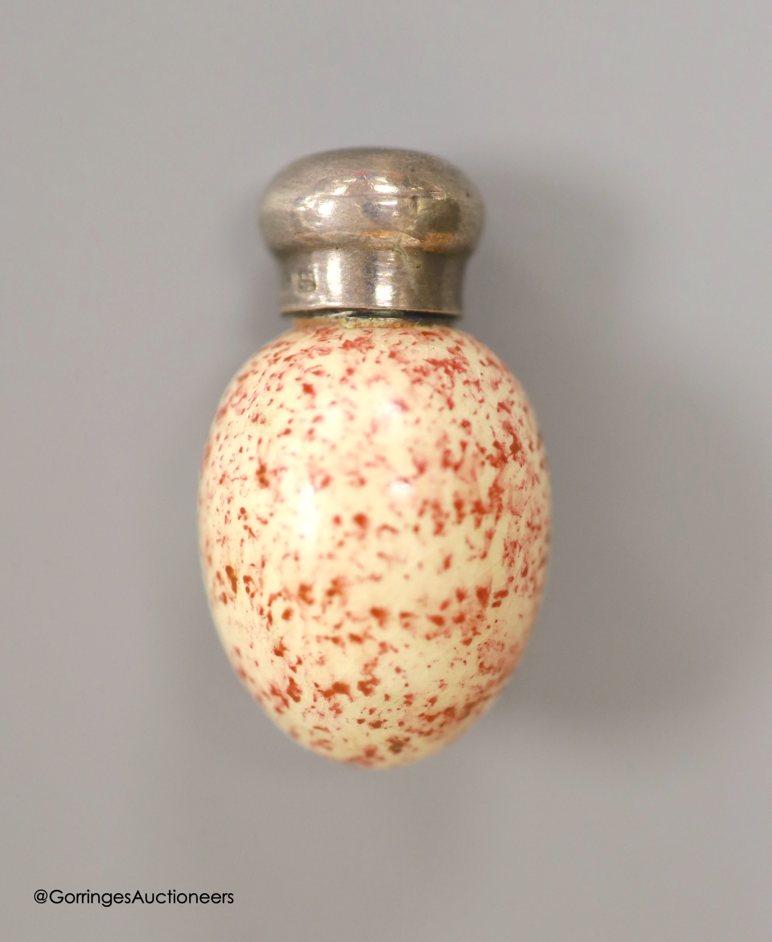 A late 19th/early 20th century silver mounted Macintyre? porcelain egg shaped scent flask, by Saunders & Shepherd, Birmingham, (indistinct date letter), 37mm.
